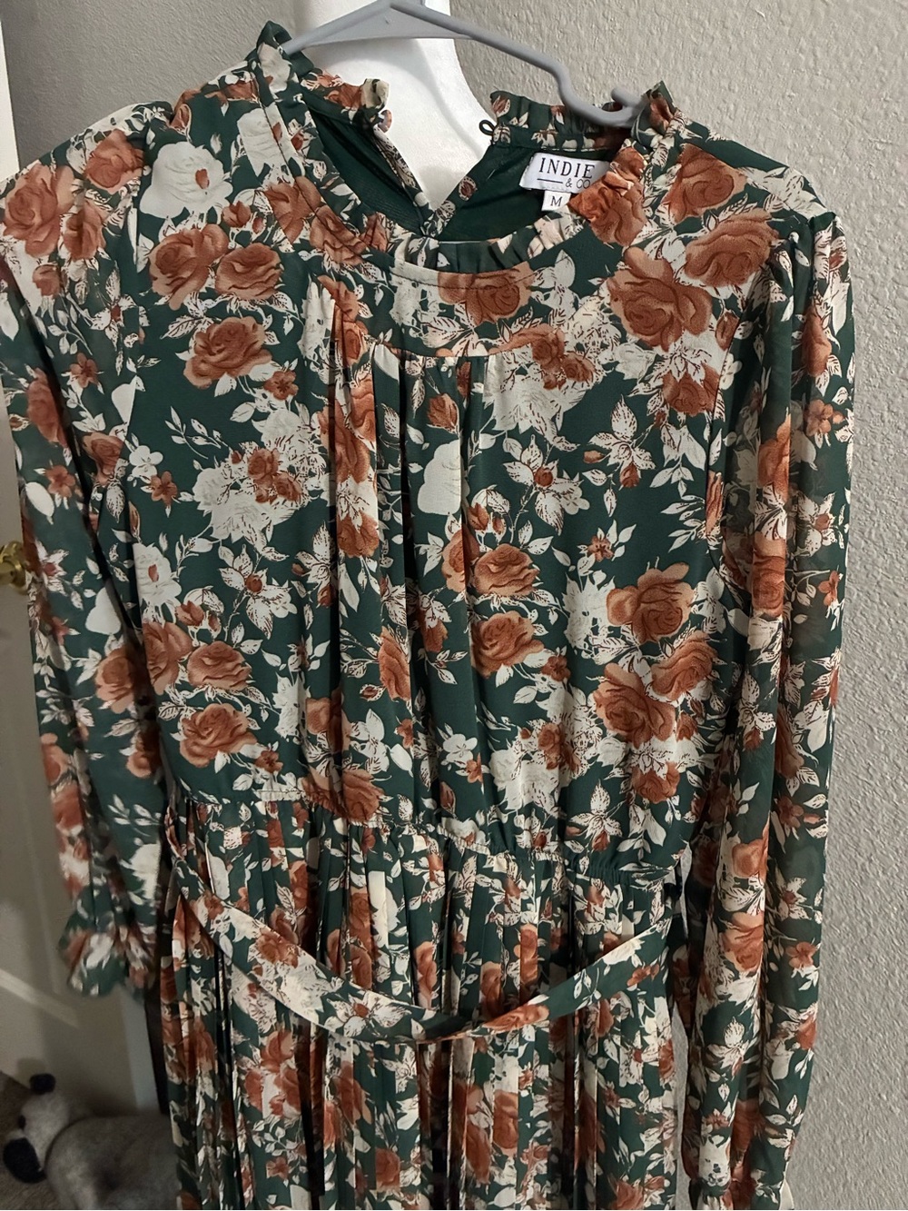 Long-Sleeve Floral Midi Dress in Olive and Rust- NWOT - Picture 6 of 7